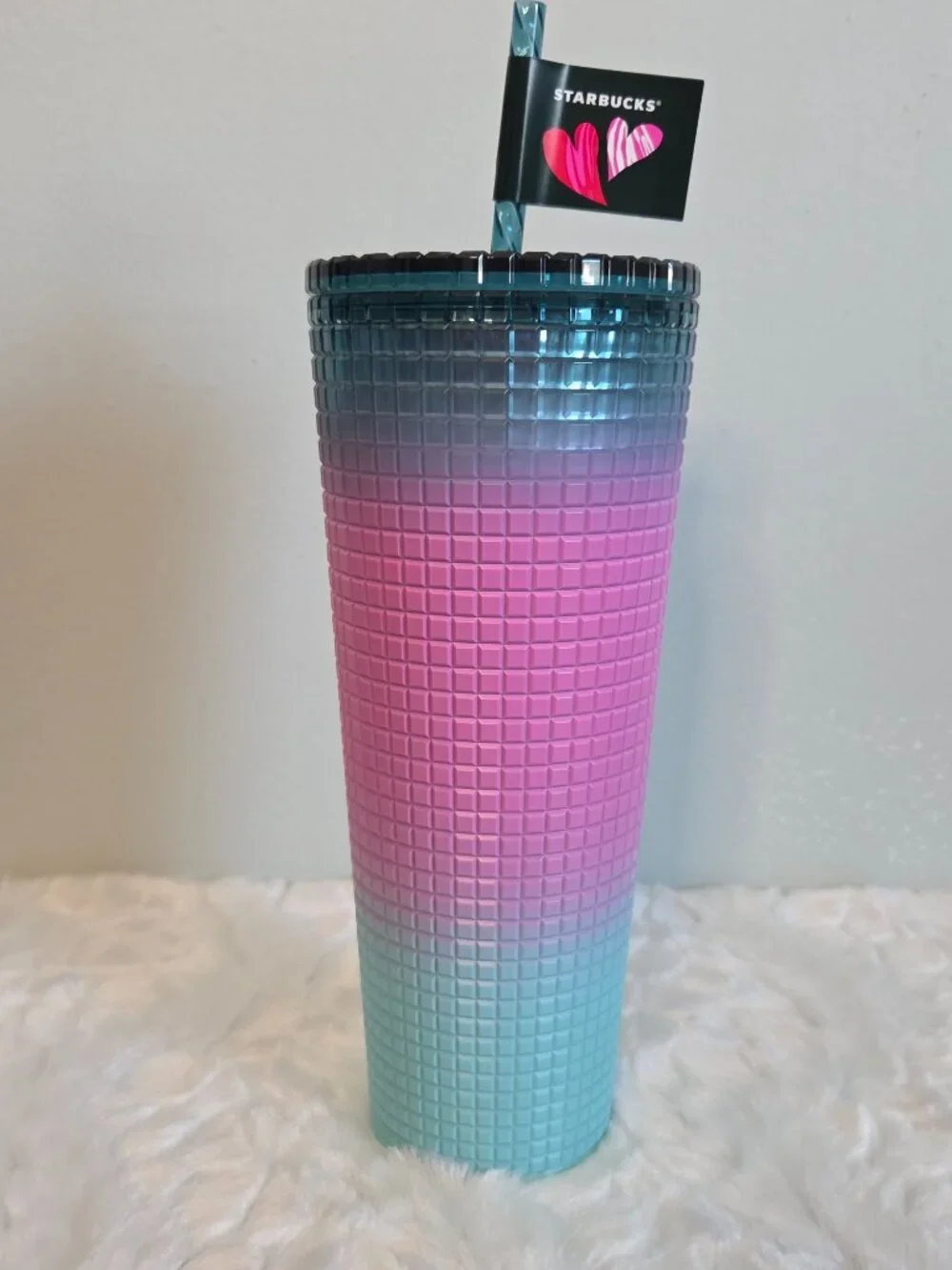 Starbucks 24oz Tumbler Valentines 2024 Blue Pink Purple Gradient Ombre Grid NWT